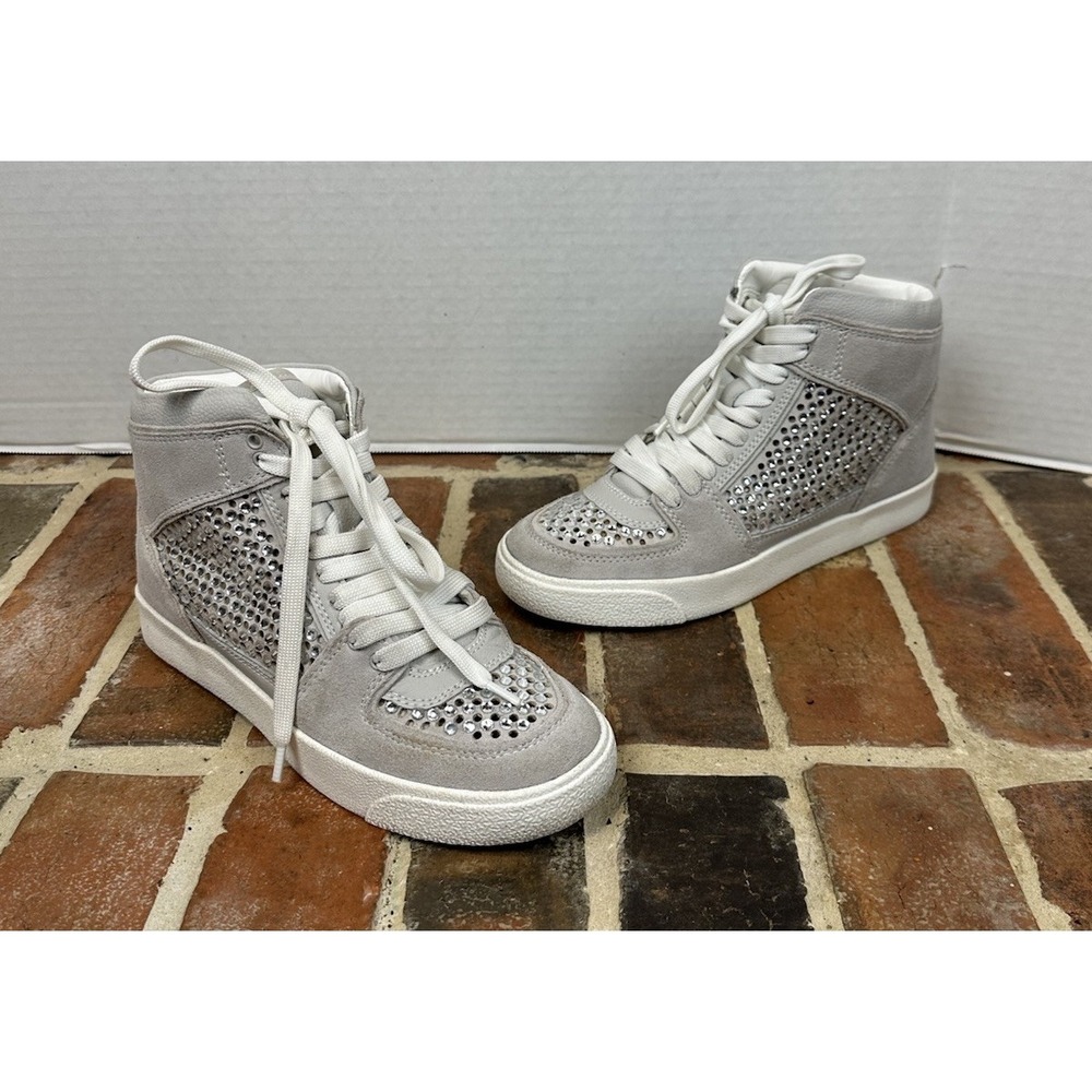 Gianni‎ Bini Evie Perforated Rhinestone High Top Sneakers Gray Suede Women's 7.5
